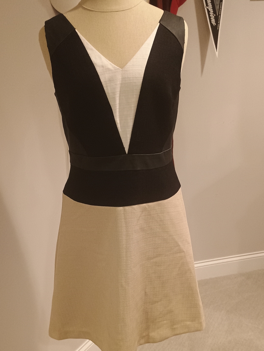 Ann Taylor Black and Cream V-Neck Colorblock Mini Dress